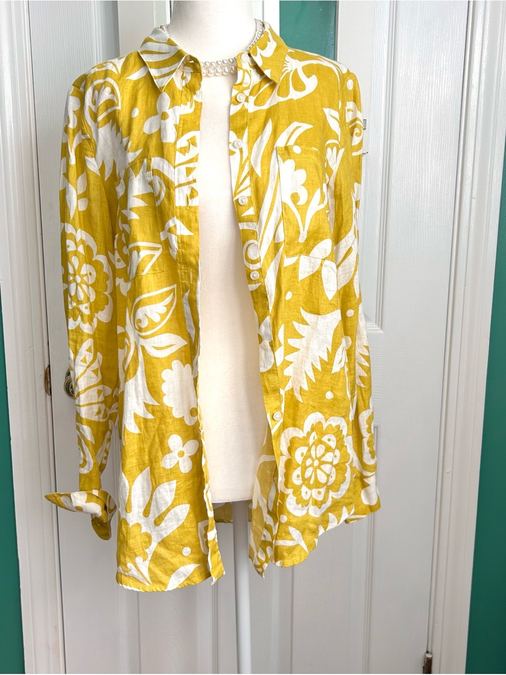 Biden Mustard Floral Button-Front Linen Shirt size 4